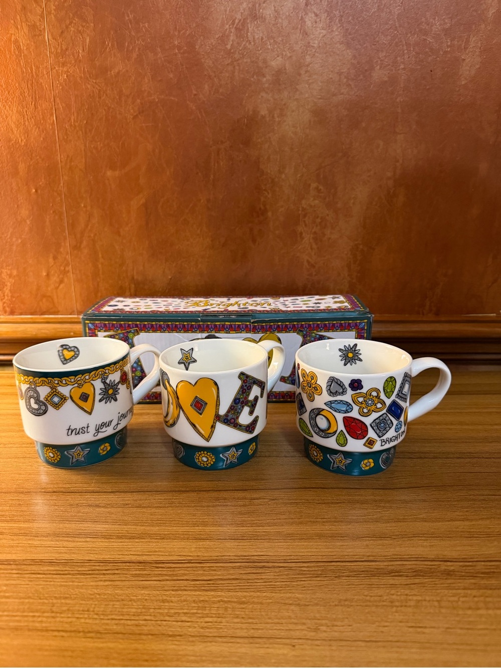 Brighton Set of 3 All You Need Is Love Mugs Jewel Themed Collector Set NIB